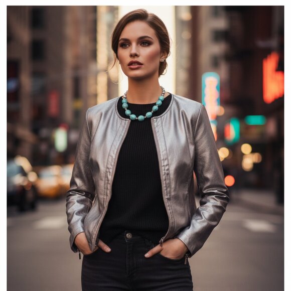 Alfani Beautiful silver-gray Metallic Faux Leather Collarless Jacket  - M - Picture 1 of 9